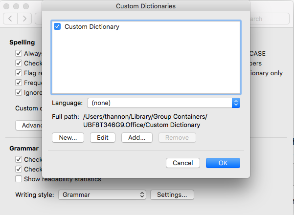 custom dictionary in word 2016