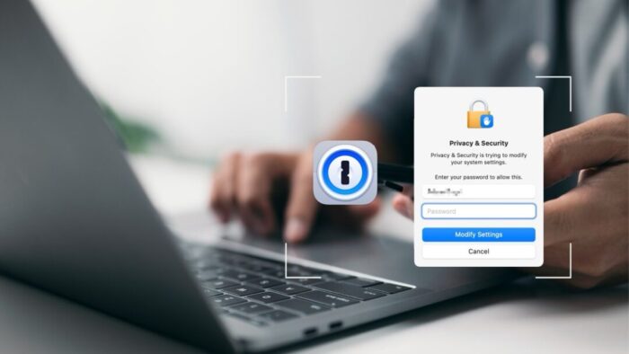blurred image of a hand using a laptop trackpad in the background. in the foreground, an icon for 1Password that looks like a lock waiting for a key and a dialog box asking for the computer's password.