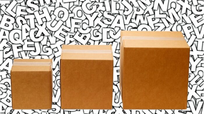 three different sized cardboard boxes, sealed, sorted from smallest to largest, left to right. background is white with black outline letters random and in a jumble across the image.