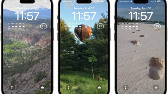 screenshots of three iPhones side by side. All show the time 11:57. The first background is above a canyon with trees below. The second is of a hot air balloon shown behind some trees. The third is of footprints on a sandy beach.