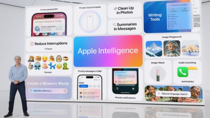 Screenshot from Apple Keynote featuring Craig Federighi and an array of images with features of Apple Intelligence