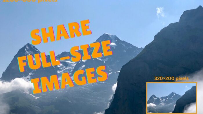 Mountains against a clear blue sky with the words "share-full size images" overlaid in orange. Small copy of the same photo in the bottom right corner with a caption of "320x200 pixels" in orange.