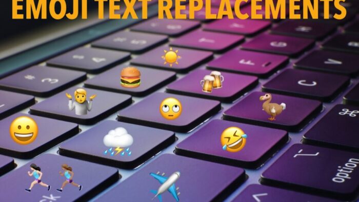 close up of a laptop keyboard with emojis superimposed on each key. overlay text reads "emoji text replacements"