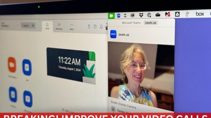 Angled view of a Mac laptop screen with Zoom windows open. Red banner with white text at the bottom reads Breaking! Improve your video calls