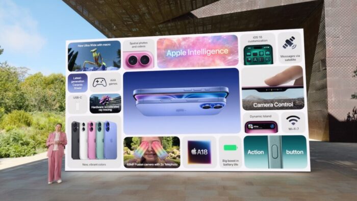 Screenshot of a moment in Apple keynote talk. Speaker in a pink suit with large screen to the right showcasing many of the new features of iPhone 16.