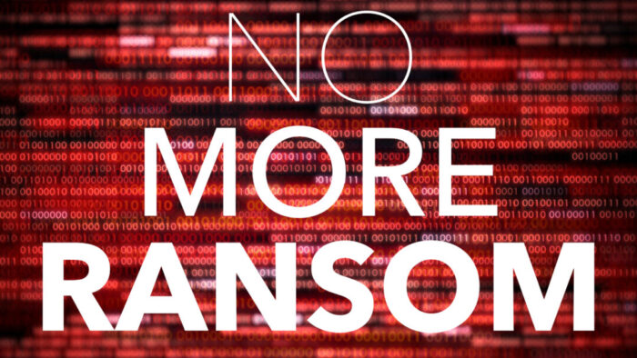 background is black with red 1s and zeros blurred across. foreground reads "NO MORE RANSOM" in white