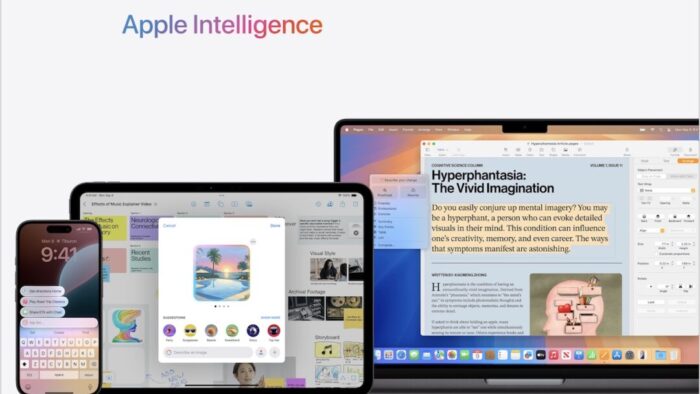 iPhone, iPad, and Mac laptop. Across the top, reads "Apple Intelligence"