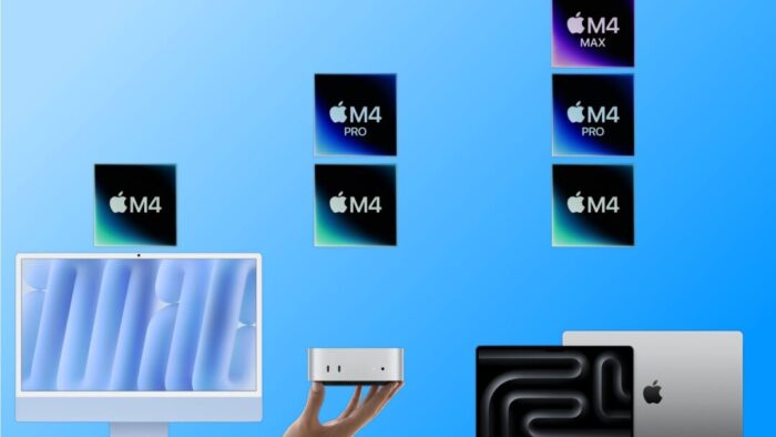 images of new iMac, Mac mini, and MacBook Pros along the bottom. across the top an Apple M4 chip above all three computers, an Apple M4 Pro chip above the Mac mini and MacBook Pros, and an Apple M4 Max chip on top above only the MacBook Pro.