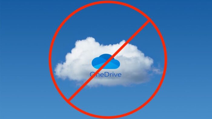 sky blue background with one puffy white cloud. logo of OneDrive over cloud with a large red circle with a line through it over top of that.