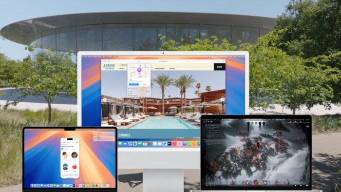 Three Mac computers with open screens against a background of the Apple campus.