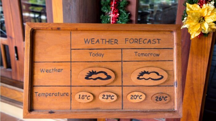 wooden board with today and tomorrow's weather forecast on it. included both the weather of cloudy and the high and low temperatures for the days.