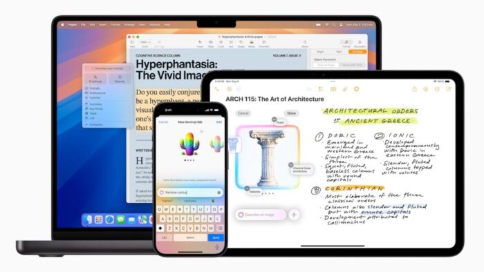 Apple provided image of a Mac laptop, iPad, and iPhone. iPad has information about doric, ionic, and corinthian column styles