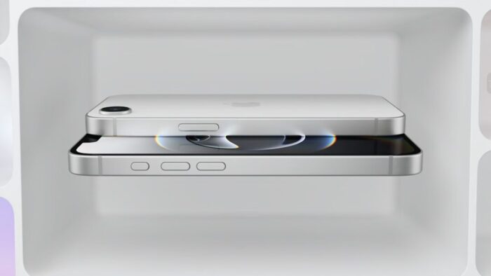 Apple stock image of two iPhone 16e's laying screen to screen floating inside a white box