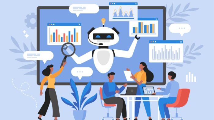 AI generated illustration of a robot on a big screen holding windows with charts on them. a table with three workers sitting is on the bottom right. one worker stands on the left.