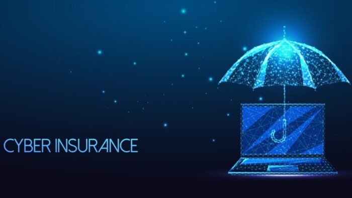 AI-generated image. blue starry background with "cyber insurance" on the left. On the right, a geometric umbrella with a geometric laptop underneath.