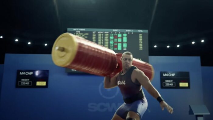 AI generated image of a weightlifter carrying a very large weight on one shoulder.