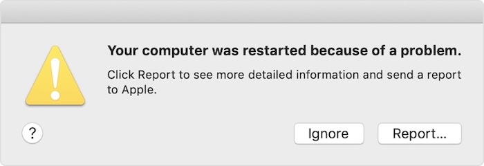 macOS restart alert. Choose ignore or report