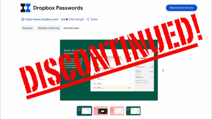 screenshot of a listing for Dropbox Passwords in Chrome. Bold red text overlays it, saying "DISCONTINUED!"