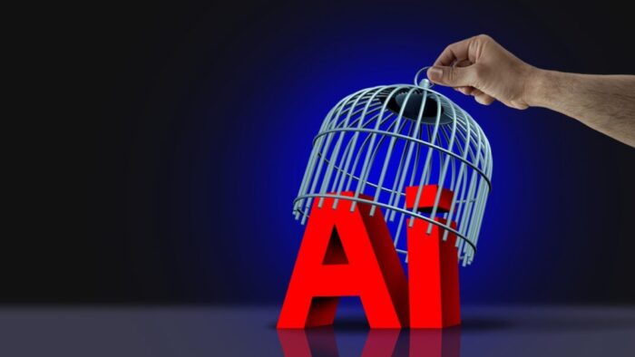 red letters "Ai" with a disembodied hand pulling away a birdcage from the top. dark background that fades to deep blue behind the cage.
