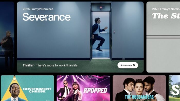 screenshot from AppleTV showing thumbnail images from Severance, Government Cheese, Kpopped, and The Buccaneers.
