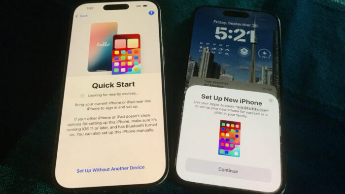 two iPhones side by side. the phone on the left shows the quick start screen, while the phone on the right shows a set up new phone screen and a button to continue.