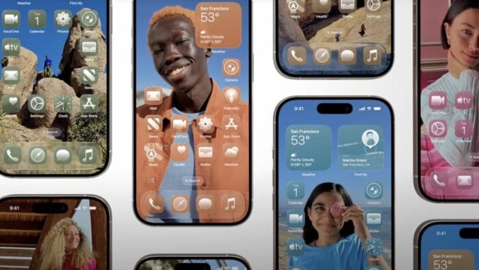 screenshot of a number of iPhones tiled across the screen. Each phone shows a different tint to the icons displayed on the phone.