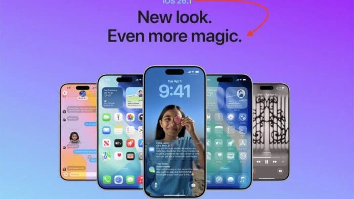 Screenshot of Apple website. purple gradient background. text at top reads "New Look. Even more magic." 5 iPhones with icons on screen are the main focus of the image.