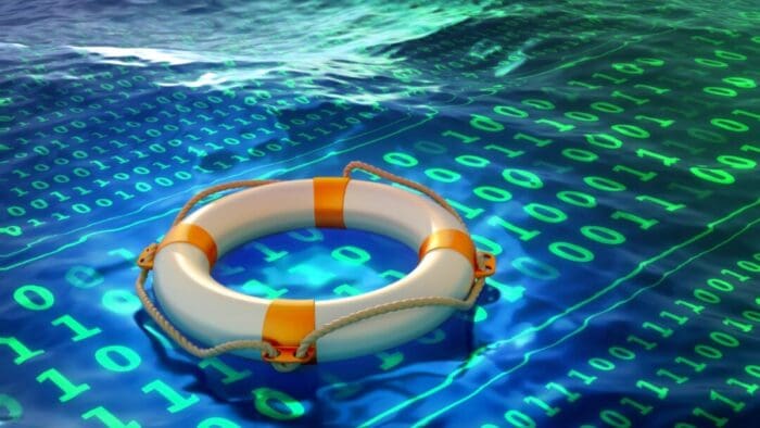 orange and white life preserver on an "ocean" of green 1s and 0s.