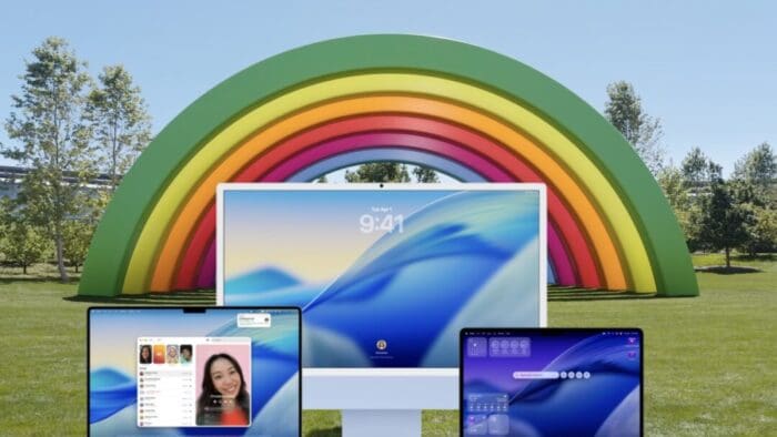 screenshot of the rainbow on Apple's campus. iMac, MacBook Air, and iPad are overlaid on top.