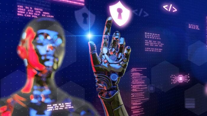 AI-generated image of a shiny metallic human-shaped robot tapping a finger on a virtual screen in the air