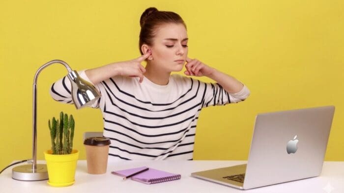 woman sitting at a desk in front of a laptop with her fingers in her ears. she's wearing a black and white horizontally striped shirt. the wall behind her is bright yellow.