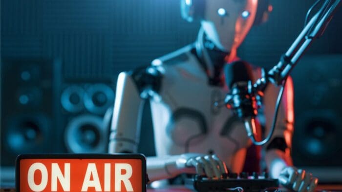 radio DJ set up with a humanoid robot running the show