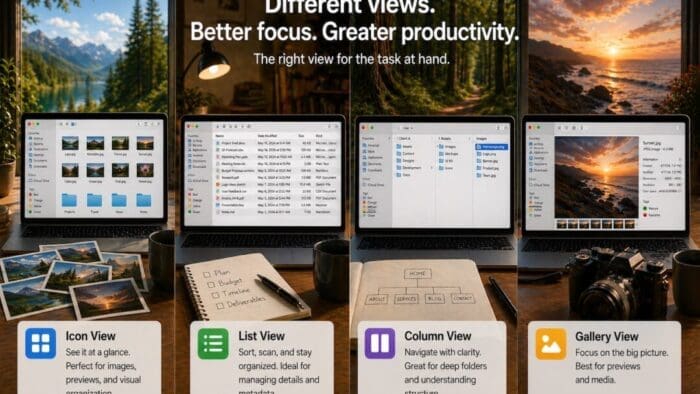 screenshot showing the four Finder views: icon, column, list, and gallery