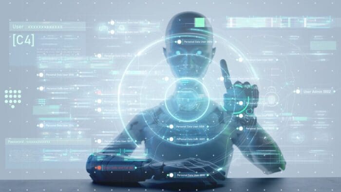 AI generated image of a humanoid robot working with a virtual screen of words and numbers.