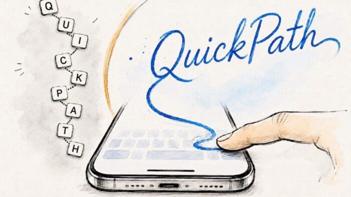 artistic drawing of a finger swiping across a keyboard on the bottom half of an iPhone. there are tiles along the left side that spell out QuickPath and on the right at the top is QuickPath in a handwriting font