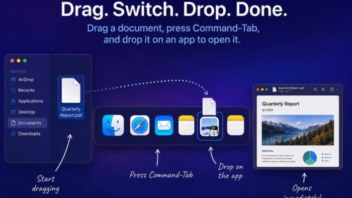 across the top, "drag. switch. drop. done." below is an illustration of how to drag a document onto an app to open it in the app switcher