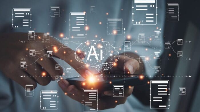 AI-generated image. Background is a blurring image of a couple of hands using an iPhone. overlay is a mind map with nodes. At the center is text that reads "Ai"