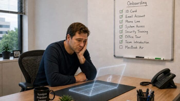 a white guy in a black shirt sitting at his desk looking forlorn. there's an imaginary Mac laptop open in front of him, but no actual laptop. the whiteboard on the wall has a check list of onboarding procedures and every item except the last one, MacBook Air, is checked.