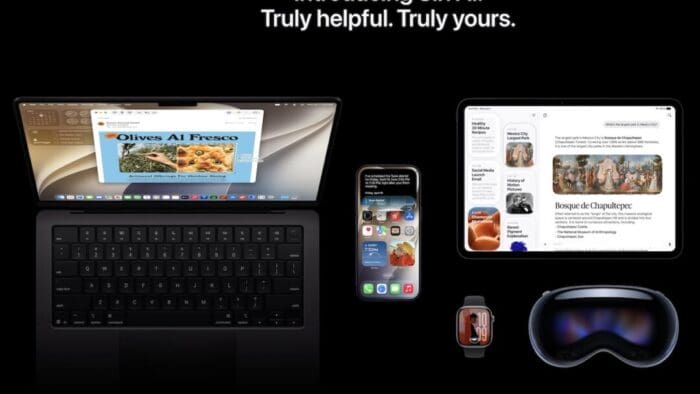 screenshot from Apple saying "Introducing Siri AI. Truly helpful. Truly yours." across the top. Black background. Featured are an open Mac laptop, iPhone, iPad, Apple Watch, and Vision Pro.